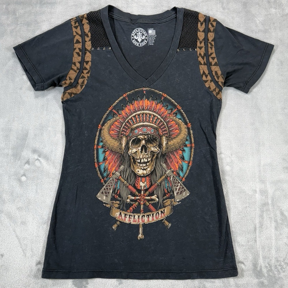 Affliction Women's Large Tribal Indian Aztec Western SS Graphic Shirt
